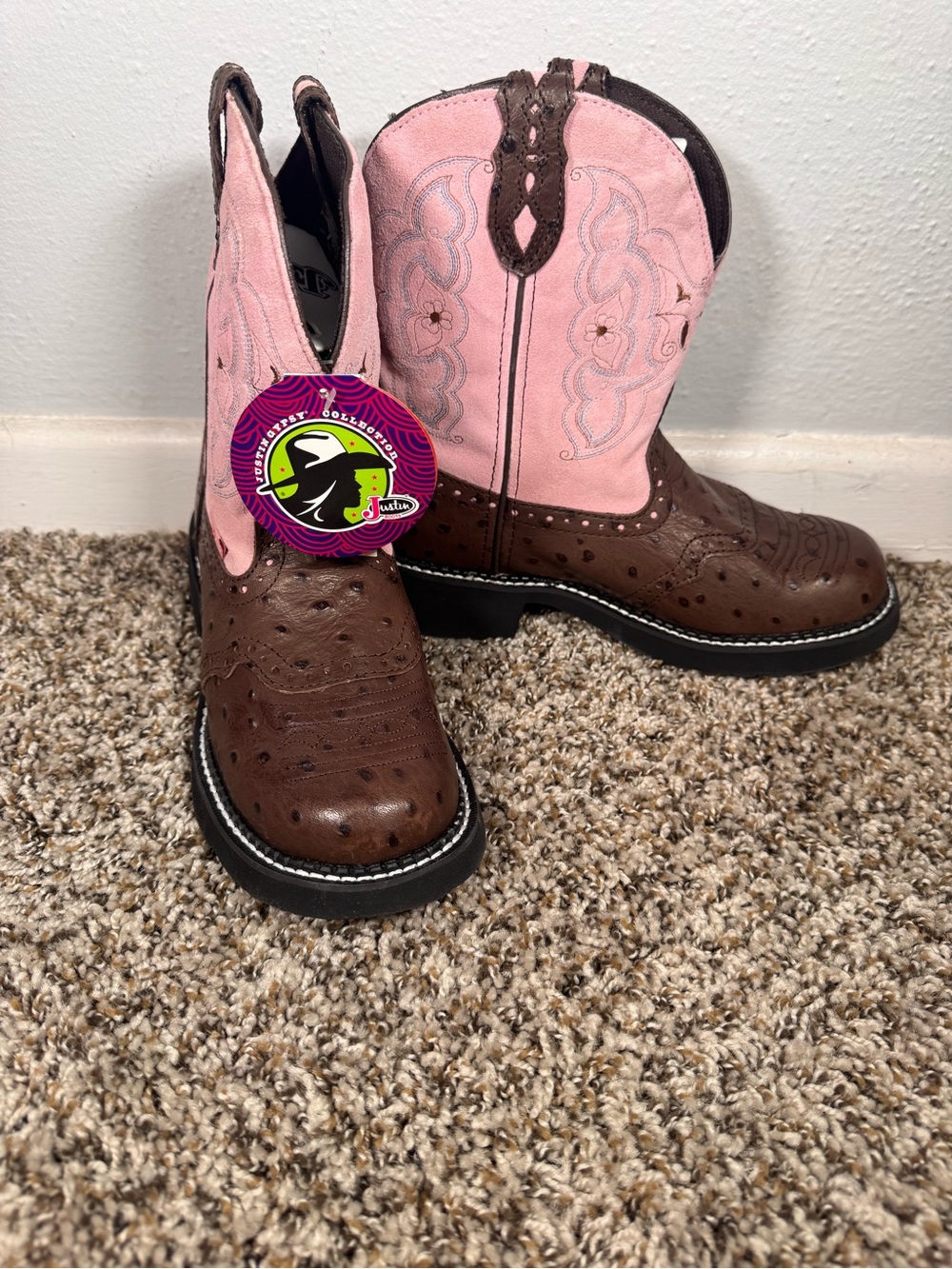Justin Boots Brown Ostrich-Style & Pink Shaft Girls' Western Boots
